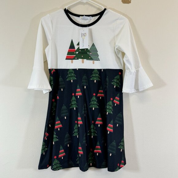 Sunshine Swing Girls Christmas Dress Size 14 Pine Tree A-Line 3/4 Sleeves New - Picture 1 of 7